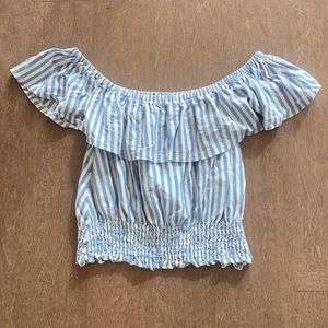 American Eagle Striped Off-The-Shoulder Top in Blue and White.
